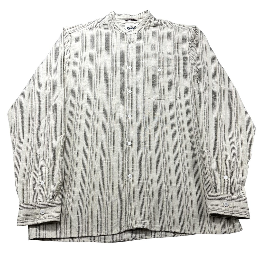 KaraKu Shirt Mens XL Beige Stripe Long Sleeve Button Front Band Collar Casual